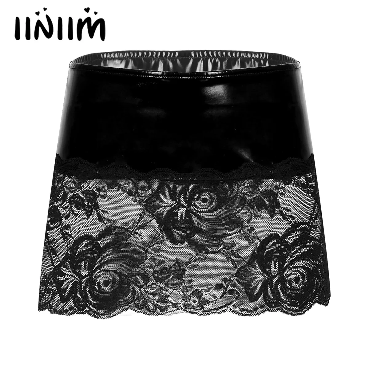 

Women Sexy Micro Skirts See-through Lace Patchwork Patent Leather Miniskirt Soft Breathable Low Waist Elastic Skirt Clubwear