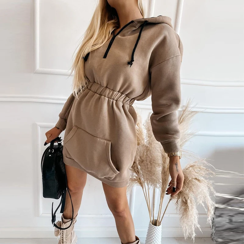 

Women Fashion Elastic Waist Hoodie Sweatshirt Autumn Pockets Long Hooded Pullover Tops Winter Long Sleeve Solid Harajuku Hoodies