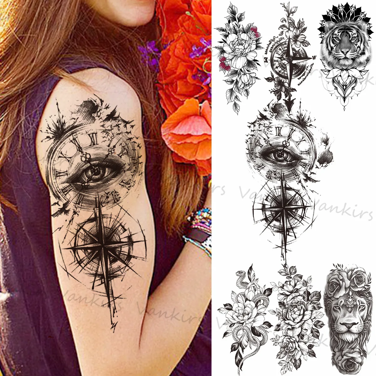 

Черные Геометрические временные татуировки с компасом для женщин и мужчин, хризантемы, змея, Льва, тигра, искусственные бриллиантовые татуи...