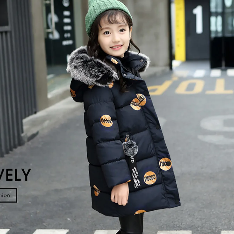 Черный Baby winter new girl down jacket children letter printing thick warm cotton coat girl baby big fur collarcotton hoodedlong coat - Цвет: Черный