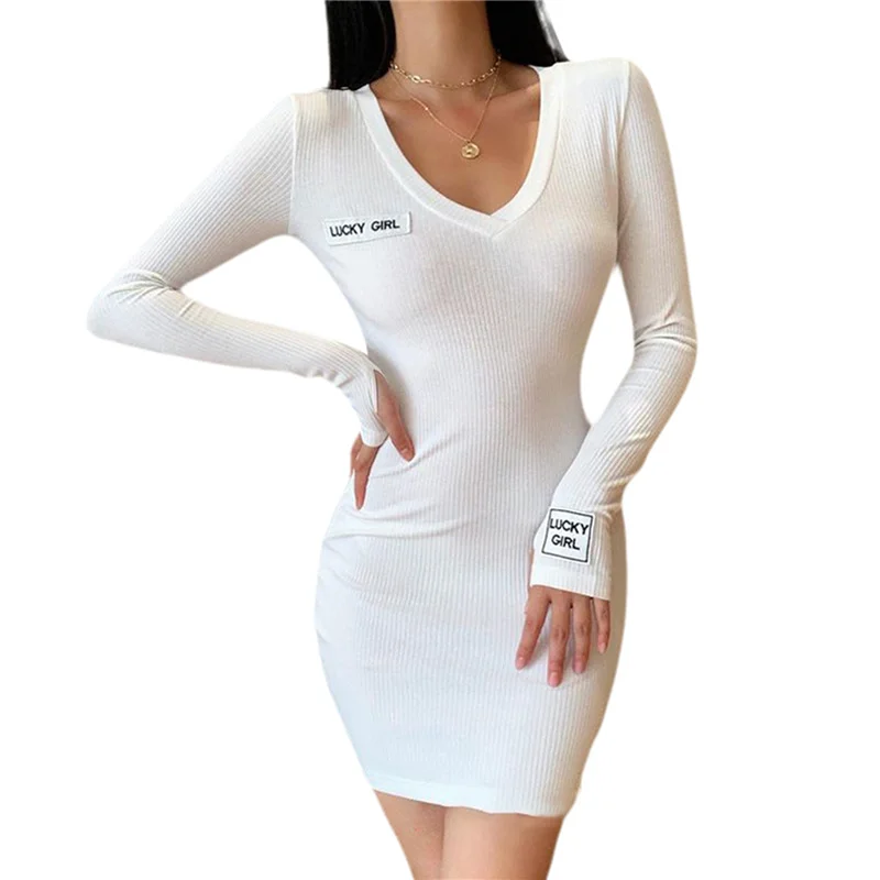 

Женское трикотажное платье с длинным рукавом и V-образным вырезом, эластичное облегающее мини-платье стрейч