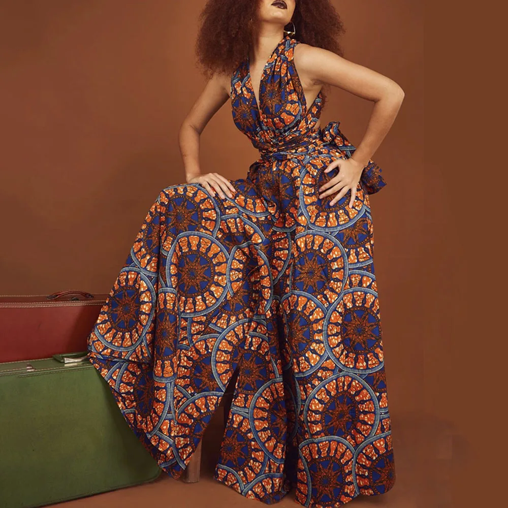 

2021 Jumpsuit Digital Printing Summer African Oversize Women Bandage High Waist V-neck Backless Fashion Sexy Sleeveless
