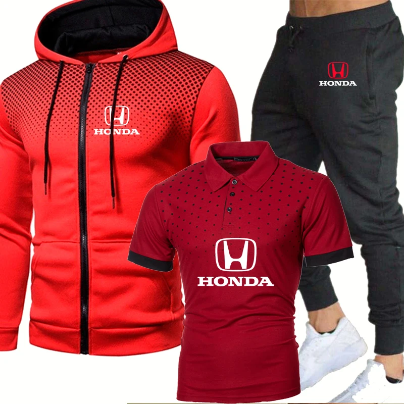 

Men's Zip Jacket Honda car logo printing Spring Autumn Cotton High Quality Men's sweatshirt+T-shirt+sports pants 3-piece set
