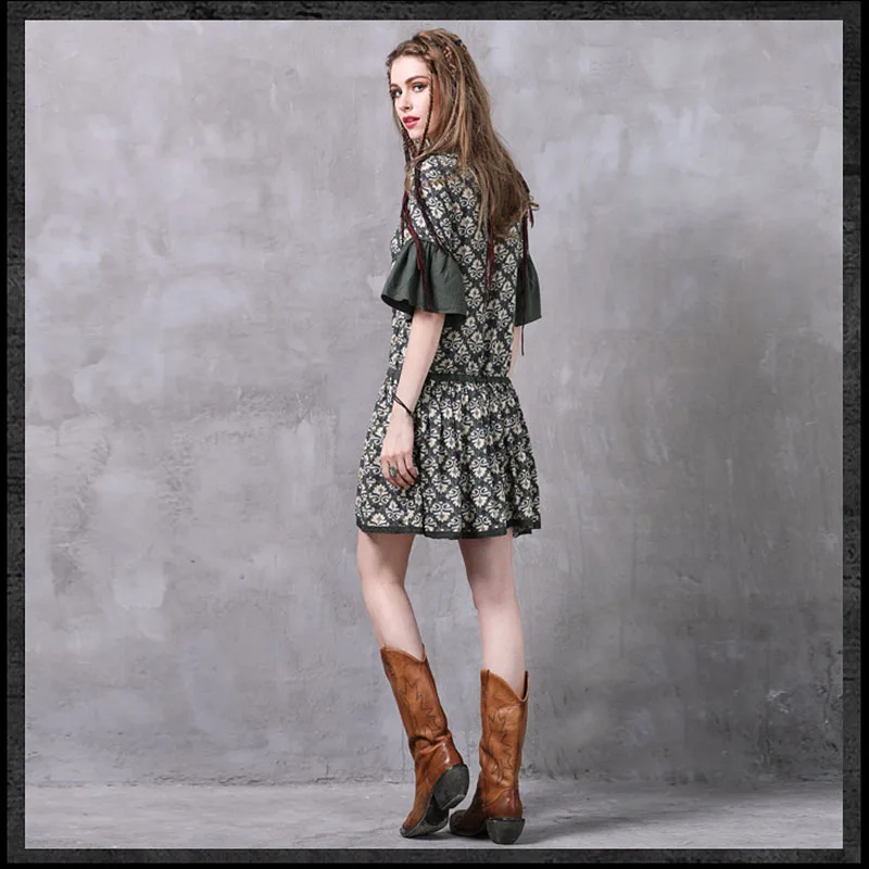 

Womens Clothing Summer Short Sleeve High Quality Women Dress 2021 New Printing Retro Ruffle Nation Style Women Dresses NBH61