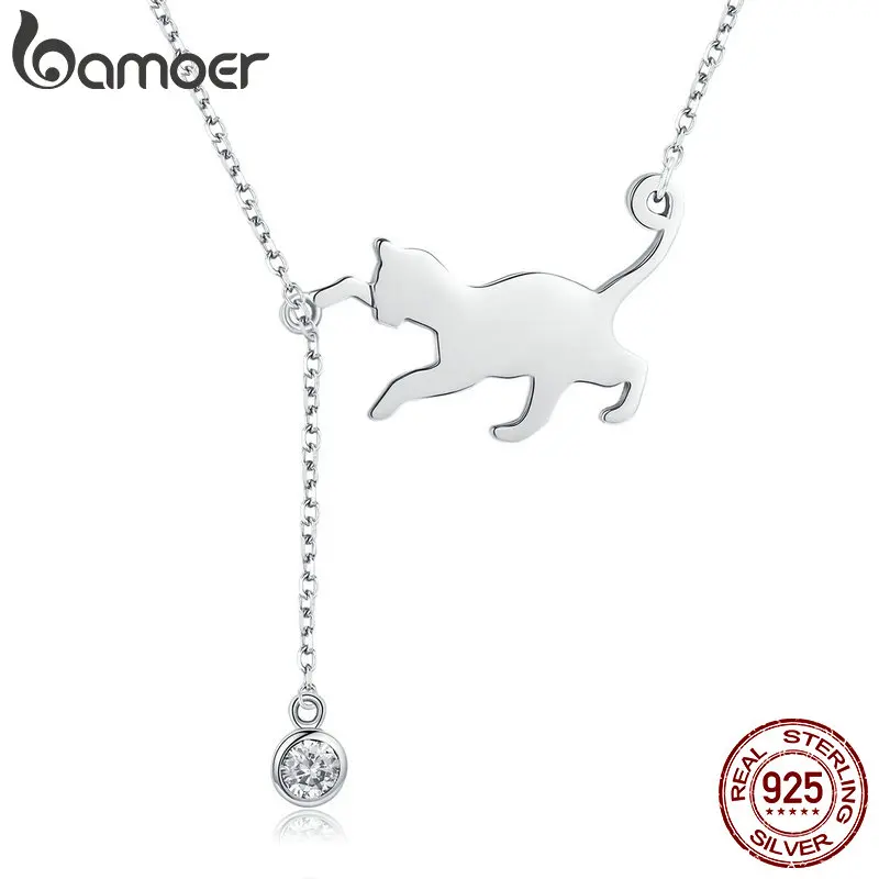 BAMOER, модная, натуральная 925 пробы, серебряная, милая, питомец, киска, цепочка для кота, подвеска, ожерелье для женщин, Стерлинговое Серебро, ювелирное изделие, SCN232