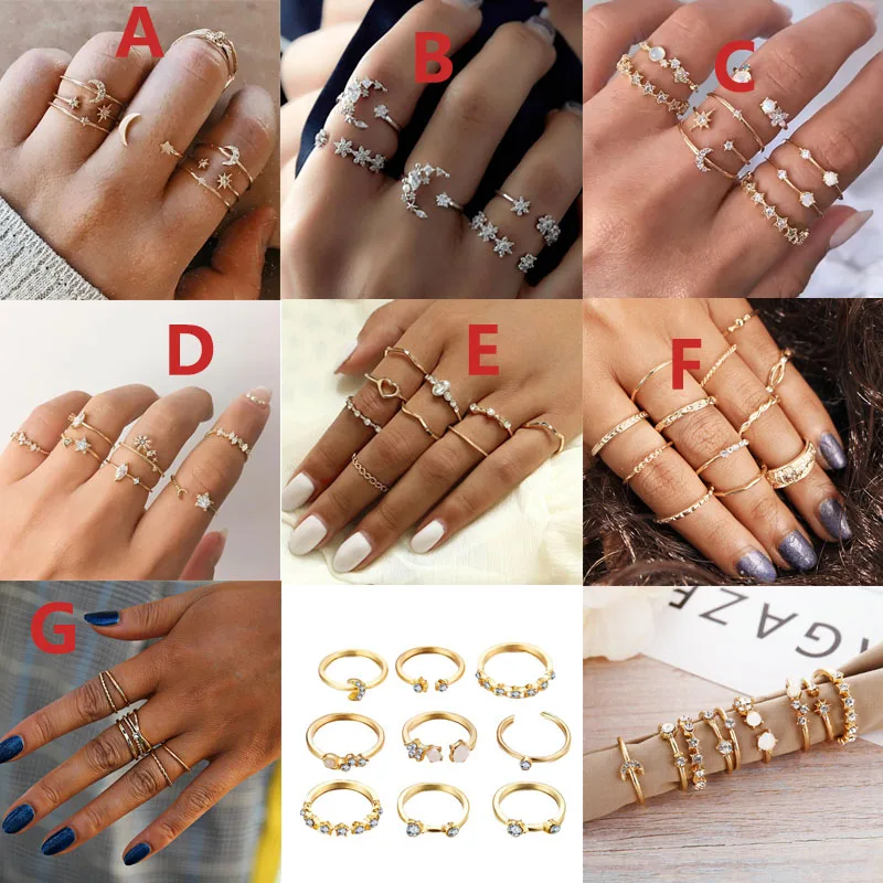 

7 Styles Trendy Boho Moon Star Matching Rings Midi Knuckle Ring Set for Women Crystal Rhinestone Geometric Finger Rings