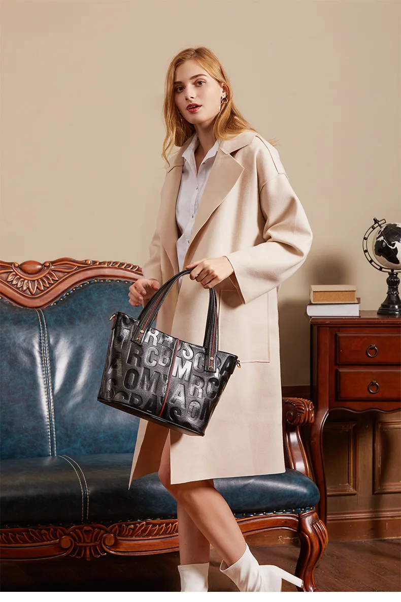Wmnuo Brand Bag Women's Tote Genuine Leather Handbag For Women Cow Personality Letter Embossing Ladies Shoulder Bag Two Style
