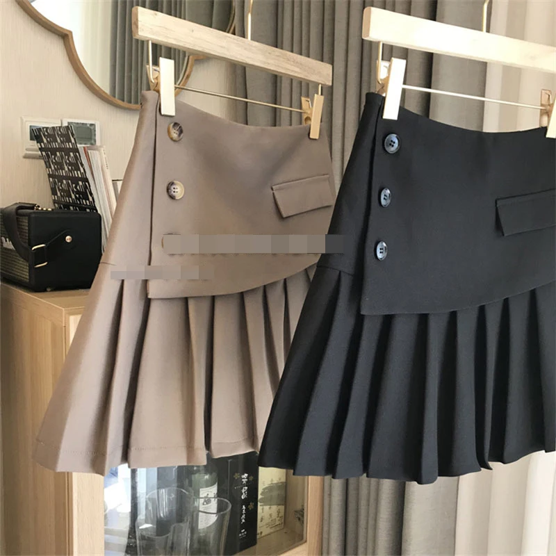 

2022 S/S design sense fashion high waist slimming buttons fake pocket A-line pleated skirt women