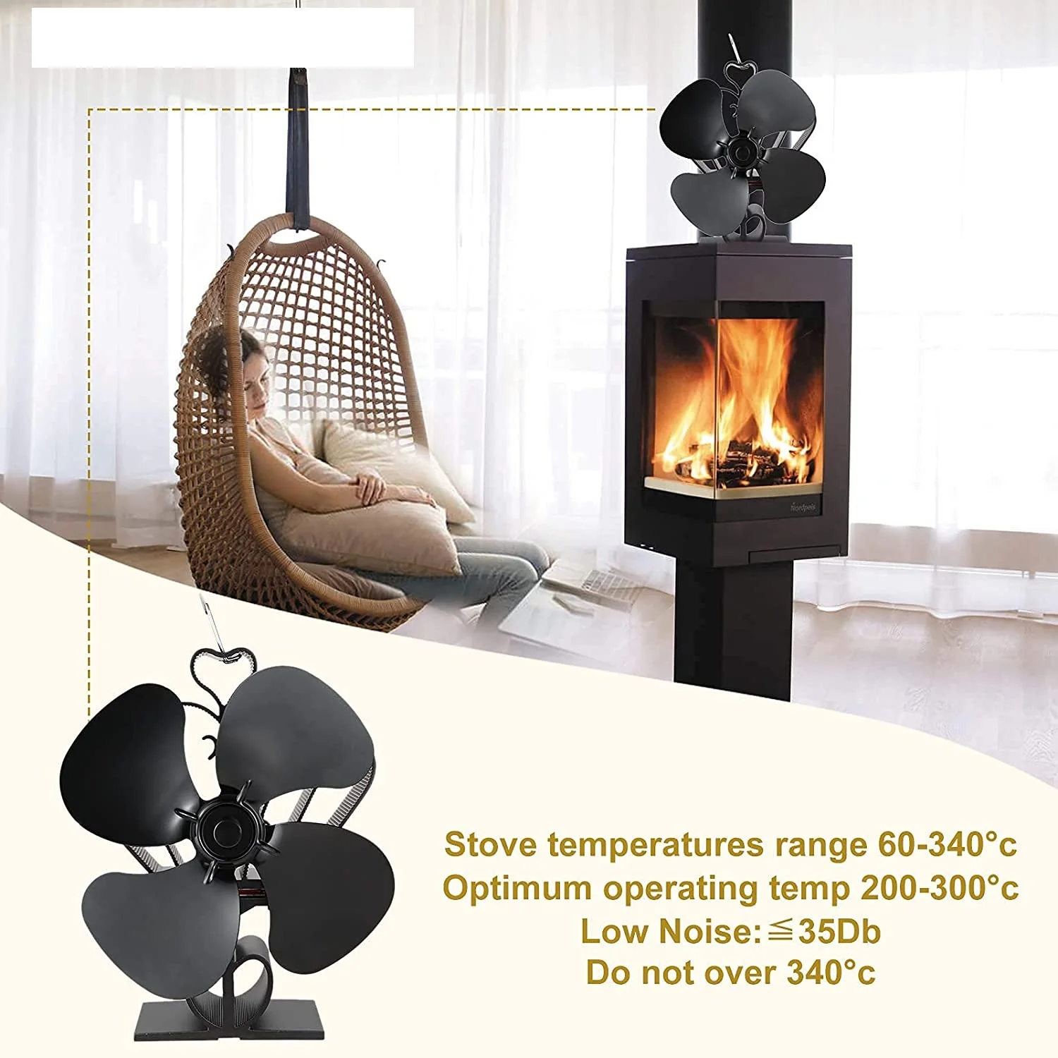 

4-Blades Fireplace Fans Heat Heavy Powered Stove Fan +Thermometer Wood Log Burner Gas Pellet Stove Silent Eco Friendly Efficient