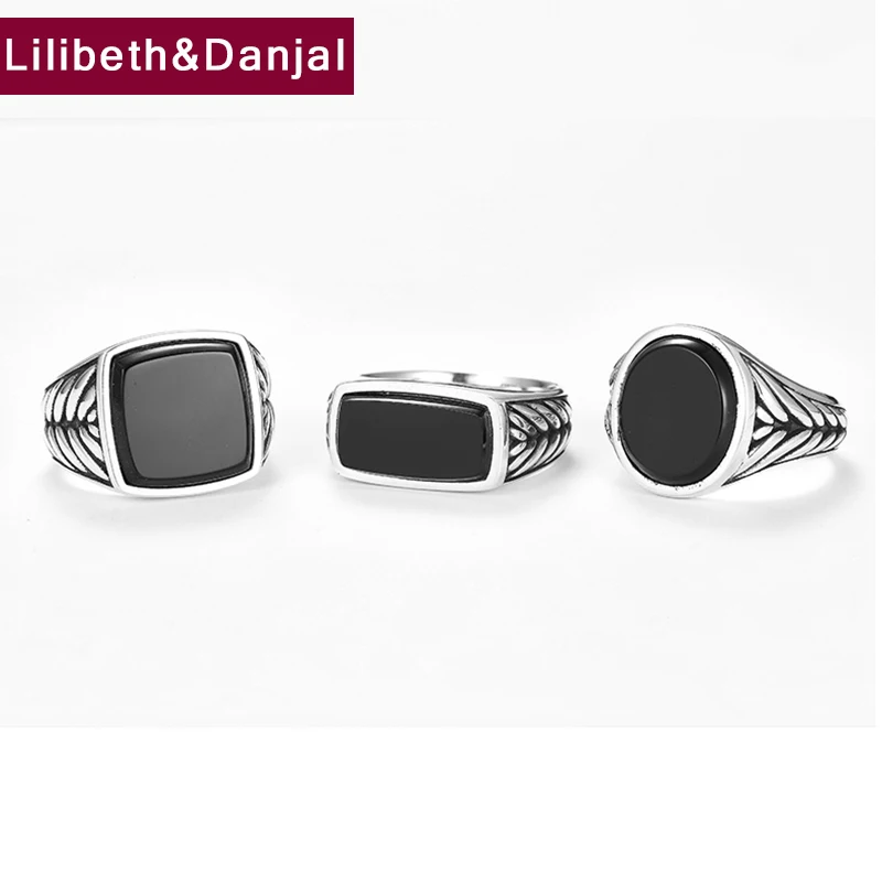 

Инкрустированные черный агат Настоящее 925 стерлингового серебра обручальное кольцо в стиле панк Модные Винтажные Ювелирные изделия для му...