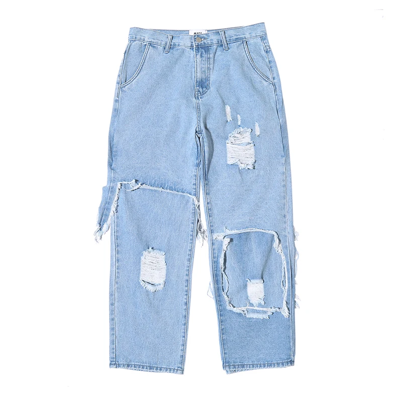Рваные джинсы с асимметричными дырками широкими штанинами для мужчин и женщин