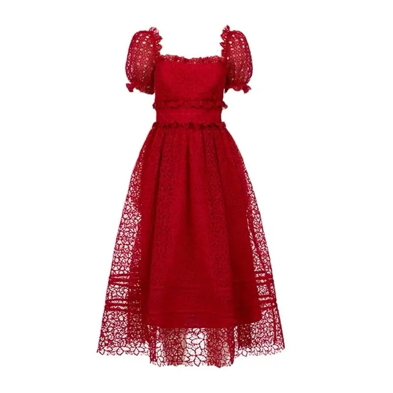 High-end Design Women Fashion Slash Neck Red Lace Long Dress 2020 Newest Summer Self-Portrait Ladies Puff Sleeve Runway Dresses | Женская