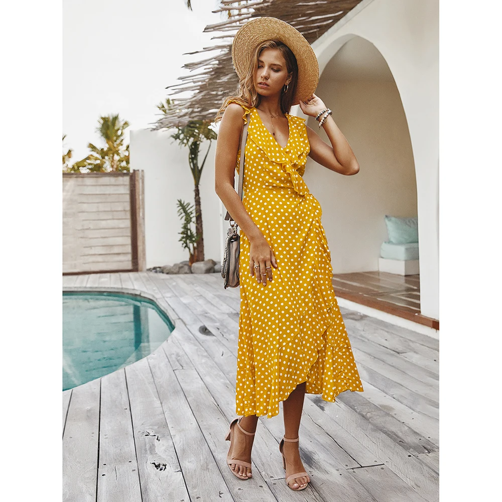 

Летние вечерние-макси весна-лето, длинное платье в горошек с V-образным вырезом и коротким рукавом, праздничные пляжные платья с оборками, мо...