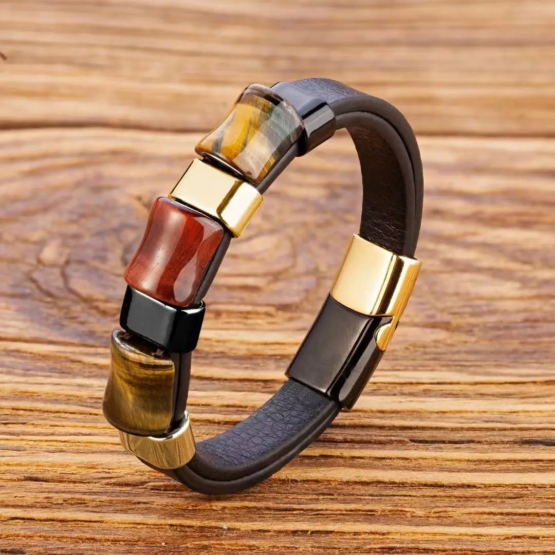 Мужской кожаный браслет из нержавеющей стали тигровый глаз | Украшения и