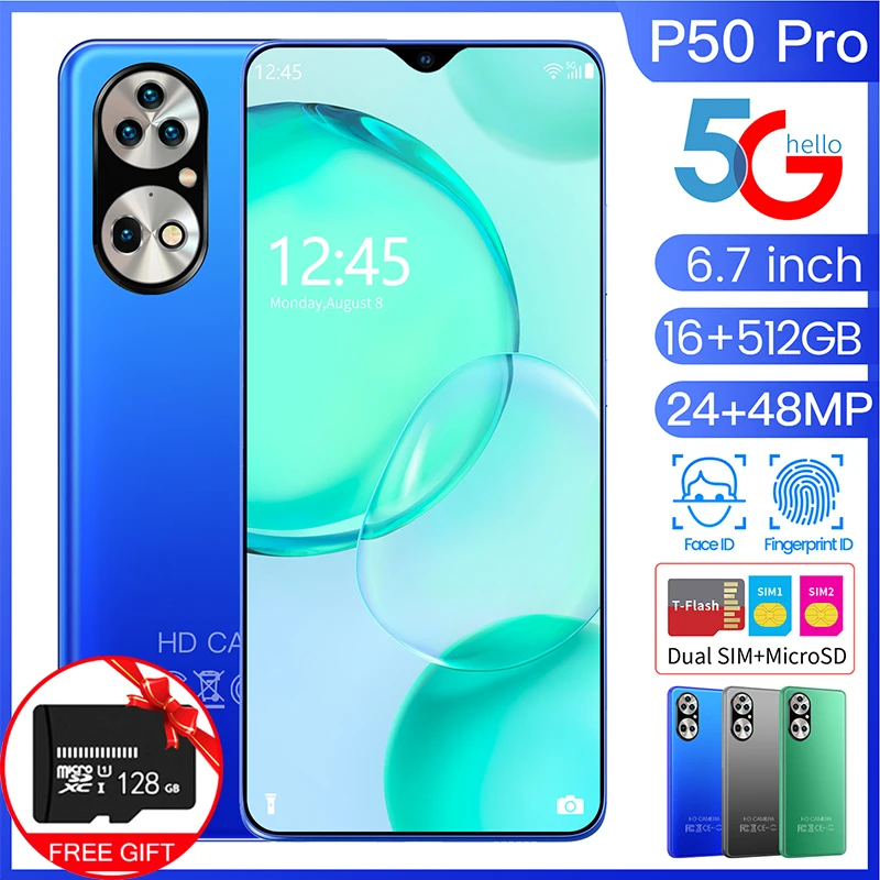 

Global Version Full Display P50 Pro 6.7in Android Smartphone 6000mah Power Storage Cellphone 16+512G Telefons Camera 5G Celular