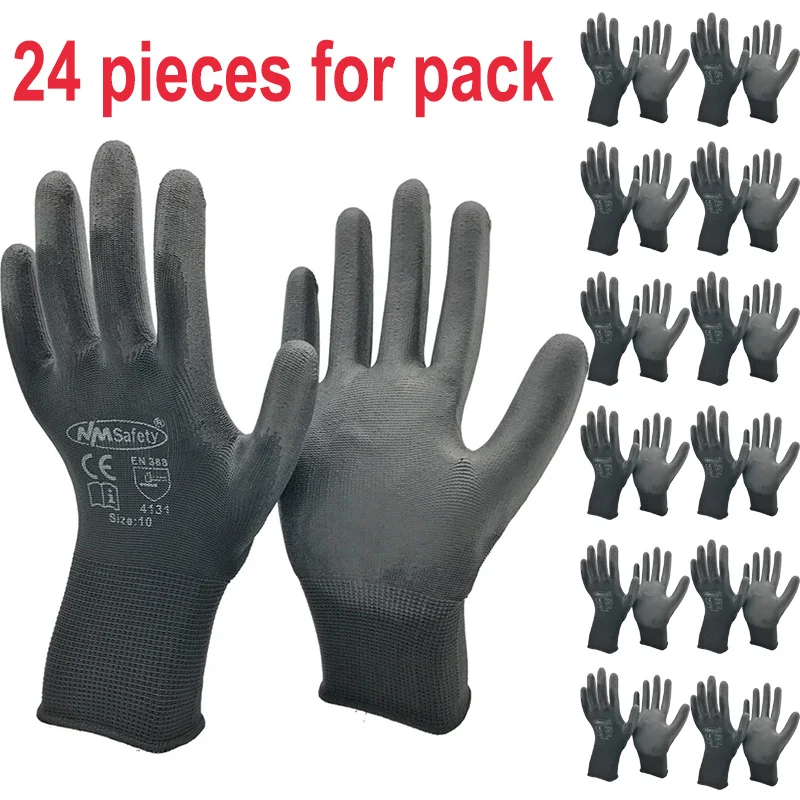 24Pieces/12 Pairs Safety Working Gloves Black Pu Nylon Cotton Glove Industrial Protective Work Gloves NMSafety Brand Supplier