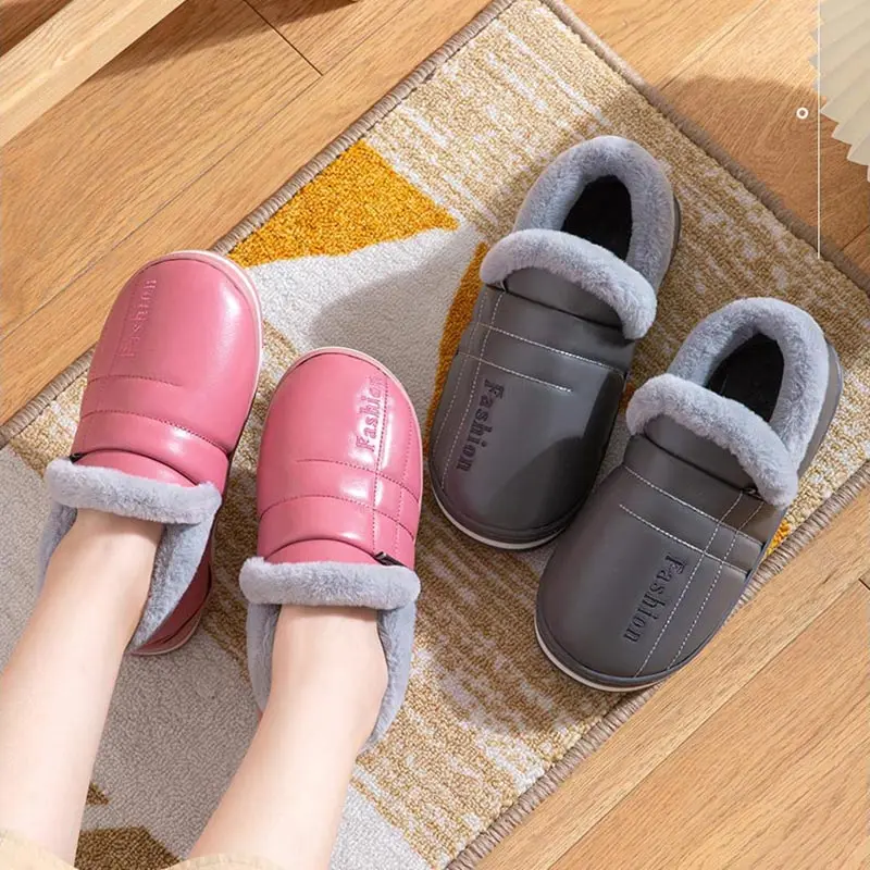 

Winter Cotton Shoes Men Women PU Leather Slippers Non-slip Soft Platform Sandalias Male Outdoor Fur Sneakers Garden Shoes Women