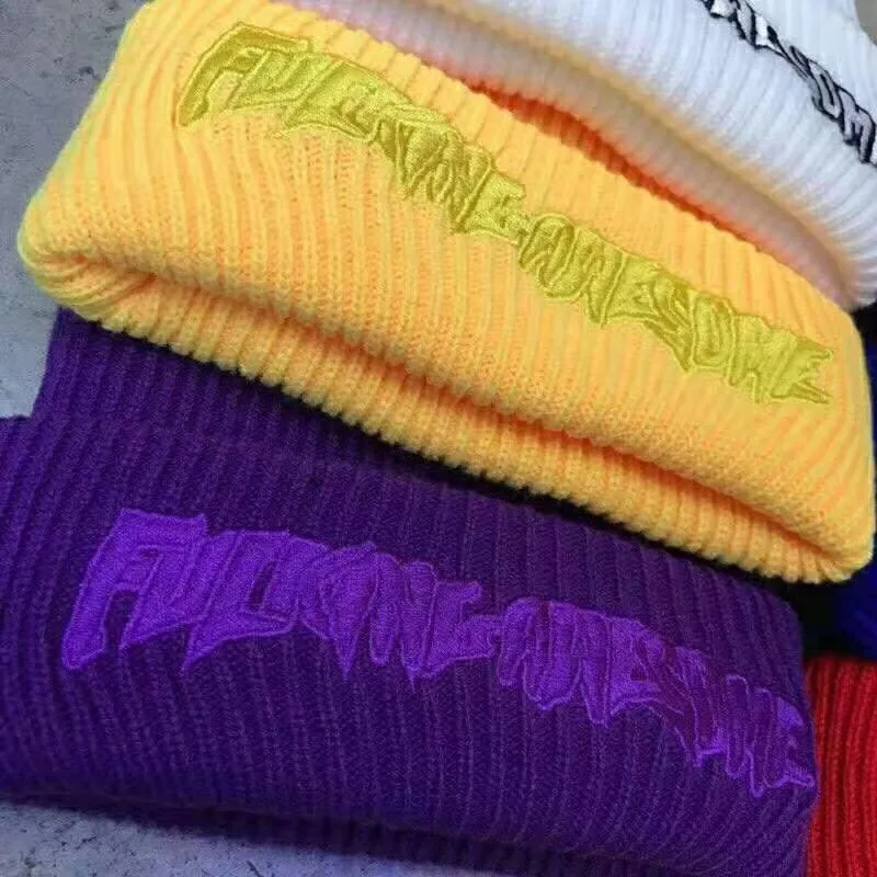 Fxxking Awesome Beanie Winter Hats For Women Ladies Men Acrylic Cap Billie Eilish Bonnet Autumn Knitted Hip hop Embroidery Skull