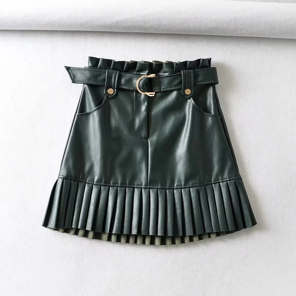

4 colors Chic Pu Leather Mini Skirt with Belt Za Fashion Women High Waist Pleated Skirts womens Casual Streetwear Party Faldas