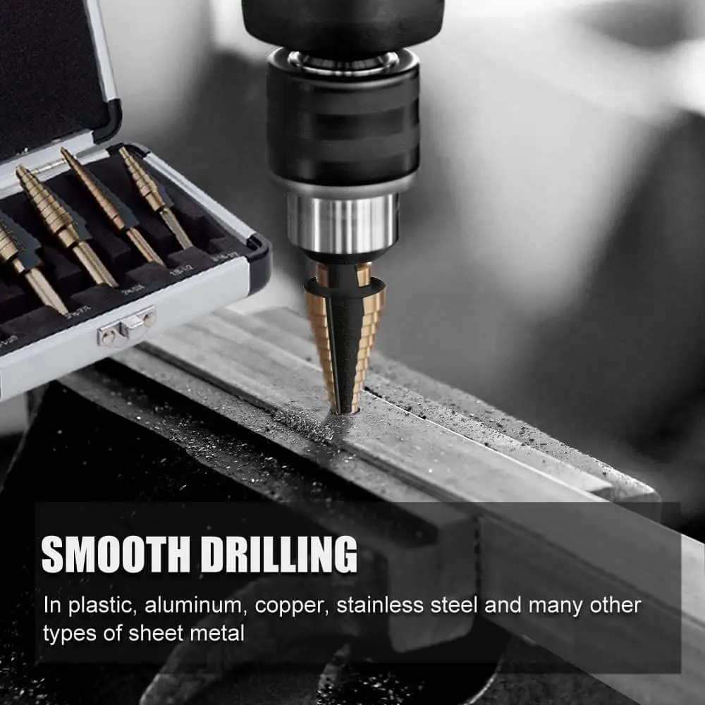 

5PCS Titanium Step Drill Bit HSS Cobalt Multiple Hole 50 Size High Speed Metal Steel Step Drill Bit Set Tools with Aluminum Case