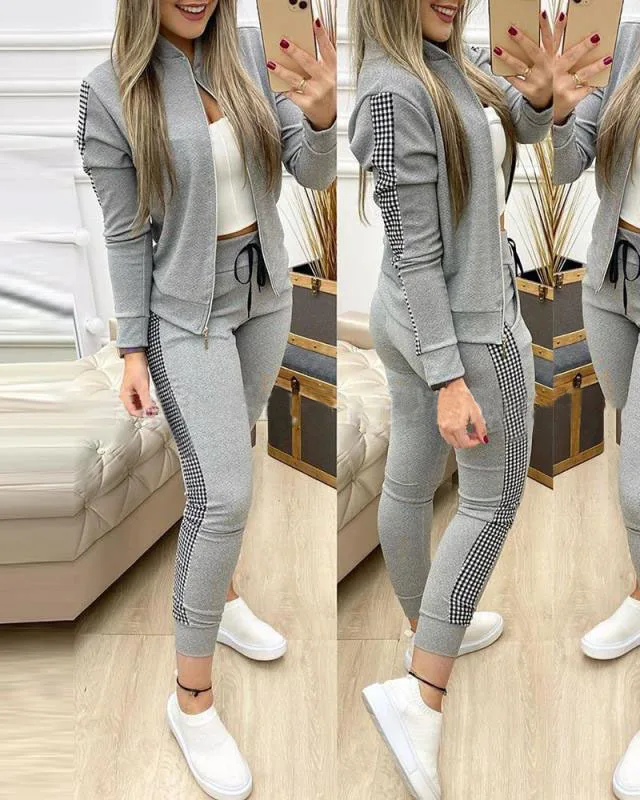 

2021 new long sports leisure stitching plaid leisure suit