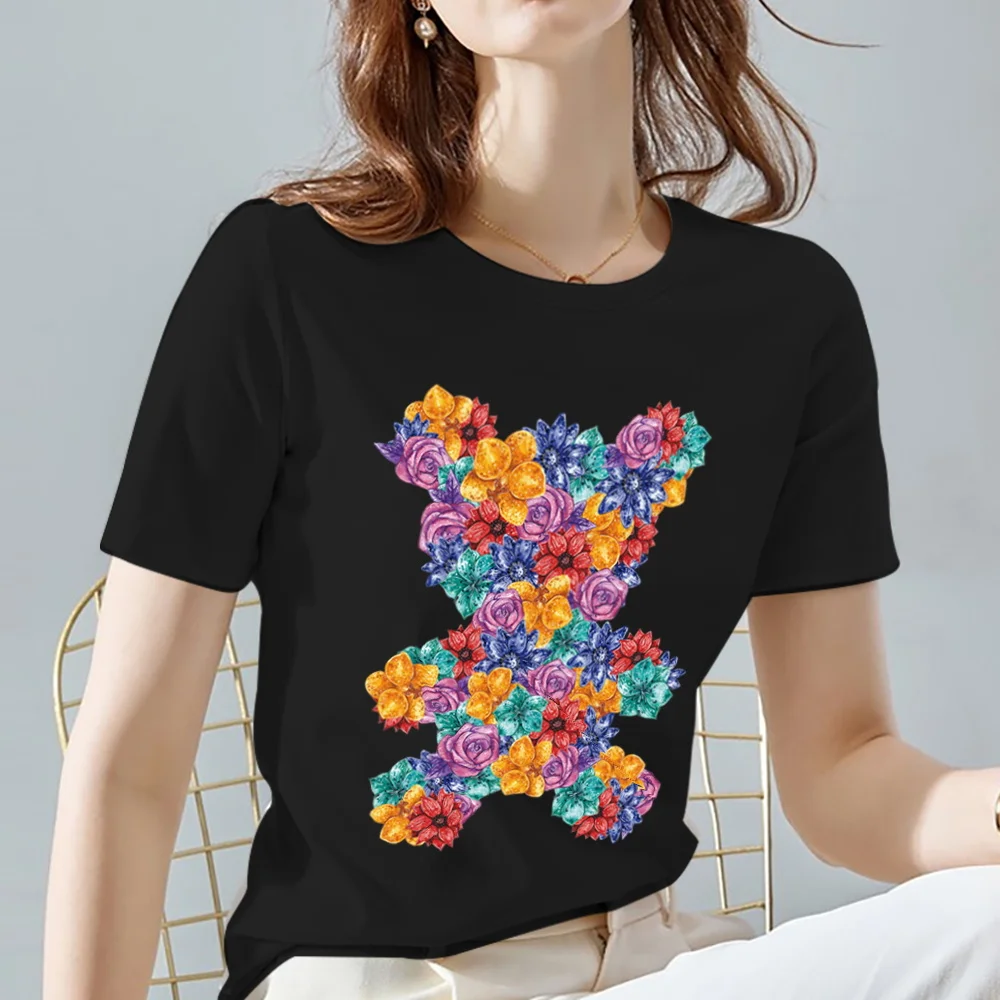 

Women Tshirt Black All-match Cute Bear Pattern Series Personalized Short Sleeve Tops Street Fashion Print Lady Tee Women Clothes