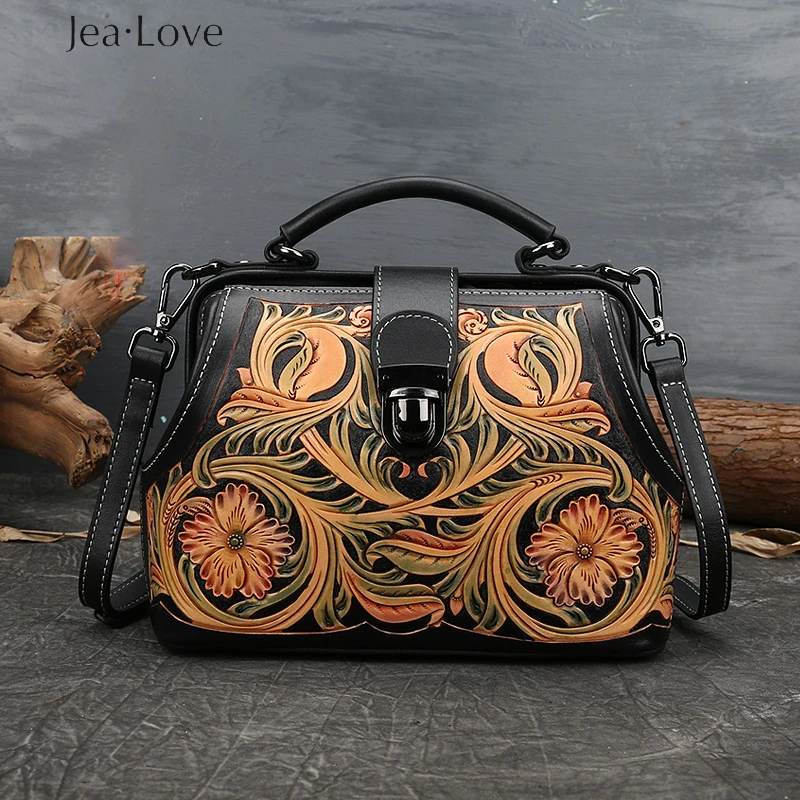 

Jea Love Handmade Leather Engraving Original Leather Women's Top Layer Cowhide Retro Handbag Women Embossed Lock Single Shoulder