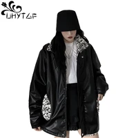 uhytgf woman leather jacket for winter jacket women streetwear double sided leopard black leather jacket loose size outerwear916