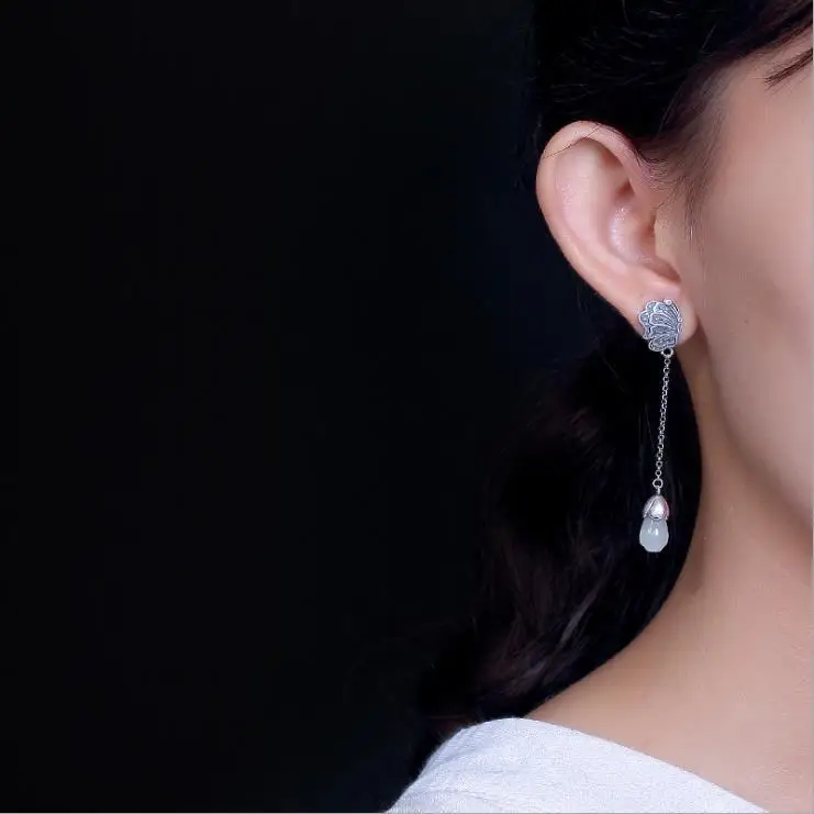 

Designer original new silver inlaid Hetian magnolia butterfly earrings retro ladies exquisite fashion jewelry