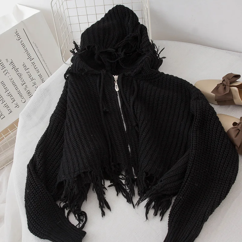 Женский Повседневный вязаный свитер на молнии черный или Бежевый с дырками