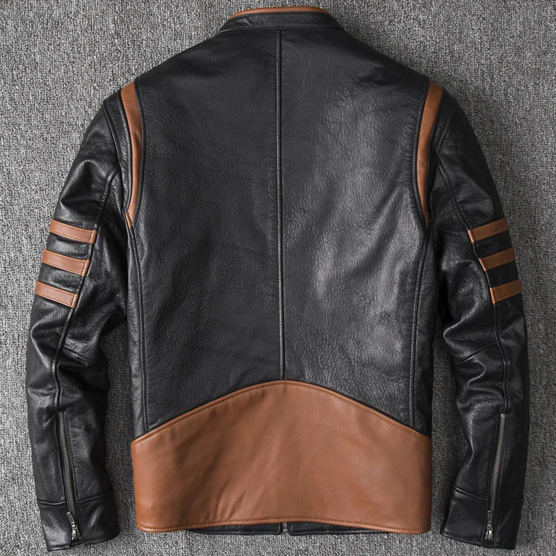 

Мужская кожаная куртка в стиле пэчворк X-man, короткая приталенная мотоциклетная куртка из натуральной овечьей кожи с воротником-стойкой, 2021