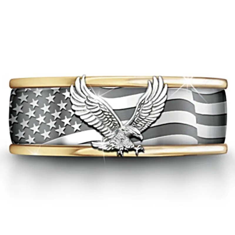 

Male Female America Believer God Bless America Letter Carved Creative Eagle Pattern USA Flag Two-tone Ring Jewelry