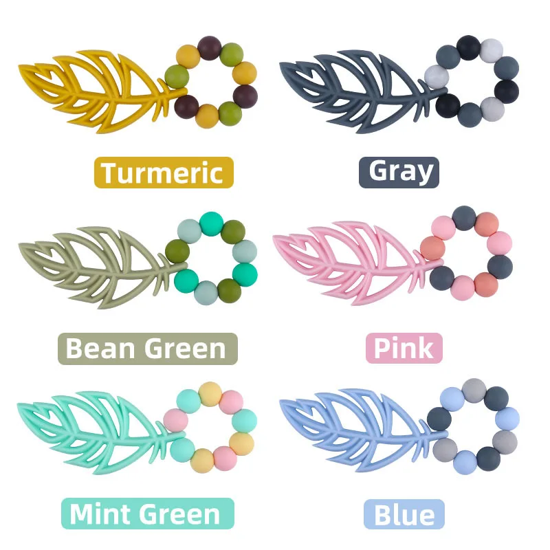 Coskiss-pulsera con colgante de hoja de silicona para reci&eacute;n nacido, brazalete con cuentas redondas de silicona de 15MM, para dentici&oacute;n de beb&eacute;-2