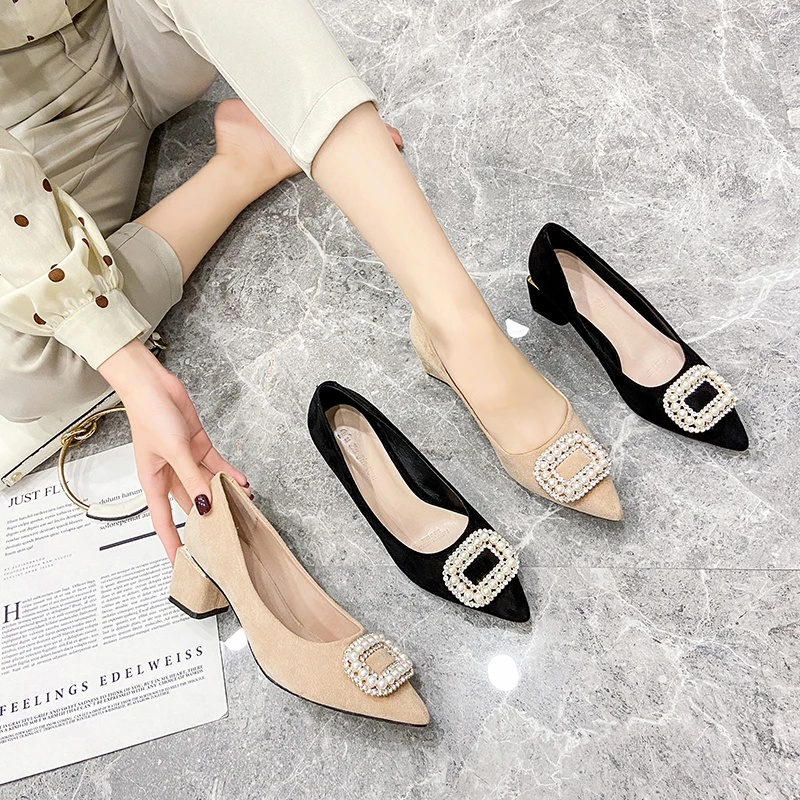

New Women Pumps Suede Fashion Office Shoes Party Female Comfort Thick Heel Pointed End Wedding Casual Dress Flock Shallow Square