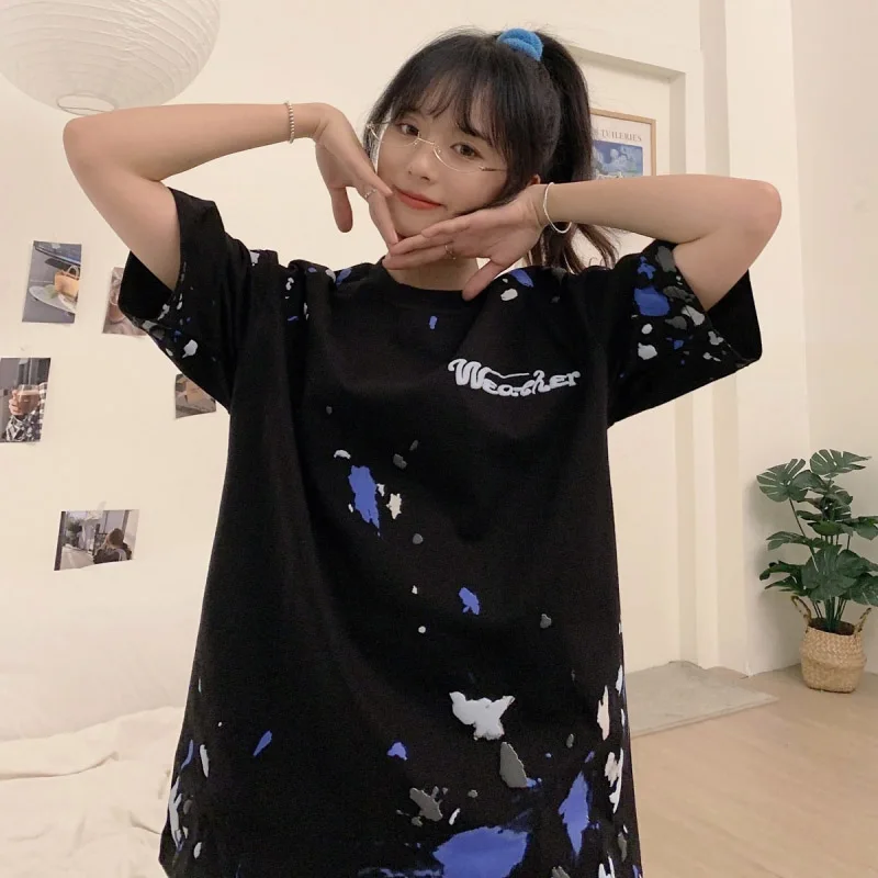 

Vintage Paint Dot Graffiti Short Sleeve T-Shirt Women Loose Japanese Harajuku Tee Chic Comfortable O-Neck Tops Girls Clothes