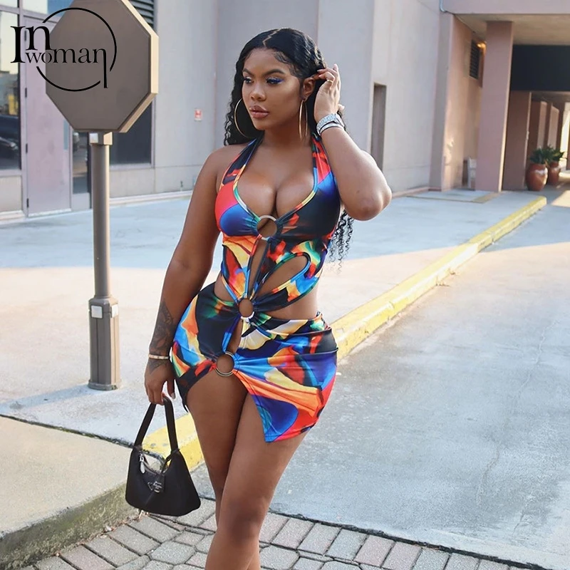 

Inwoman Sexy Summer Print Beach Dress Women Sleeveless Backless V Neck Pencil Dress Club Bodycon Party Ladies Hollow Out Dresses