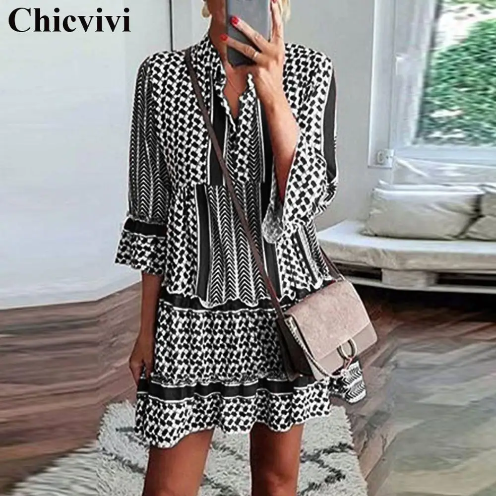 

Elegant Women Summer Dresses Loose Plus Size Shirt Collar Ruffled Three-quarter Sleeve Midi Dress