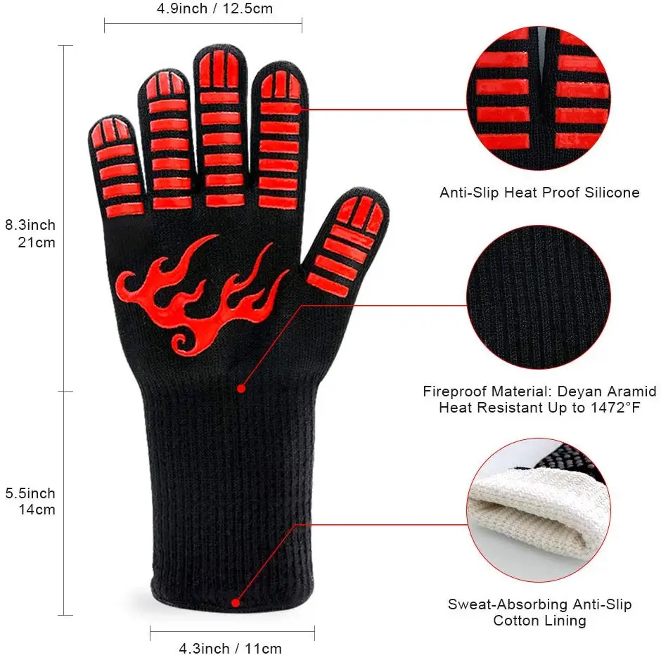 

High Temperature Resistant 1500F BBQ Fire Gloves Flame Retardant Non-slip Fireproof Grill Mitts Insulation Microwave Oven Glove