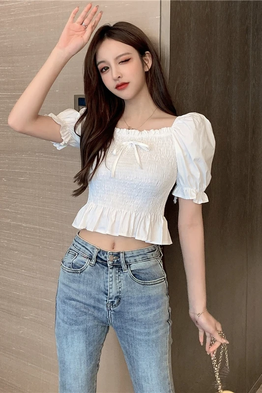 

COIGARSAM French Style Short Sleeve blouse women Summer Cute Vintage blusas womens tops and blouses Purple White 5111
