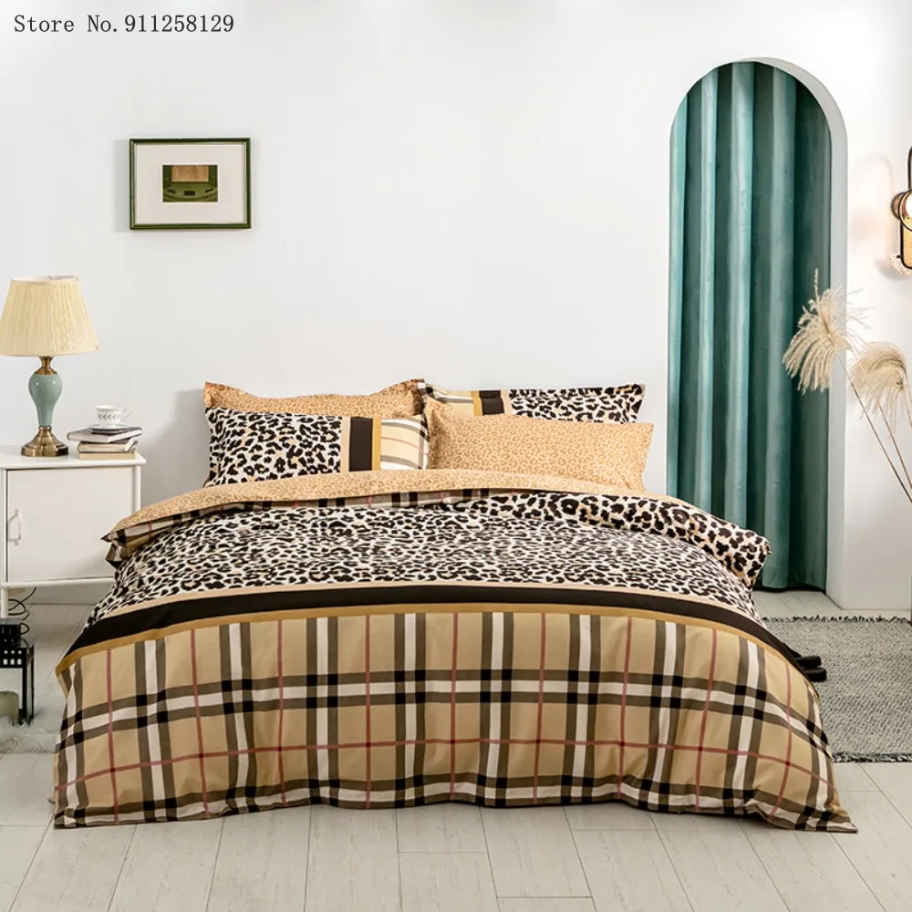 

3/4 Pieces Fashion Leopard Bedding Set For Boy Girl Cotton Bed Cover Set Brown Lattice Duvet Cover Pillowcase Bed Sheets Decor