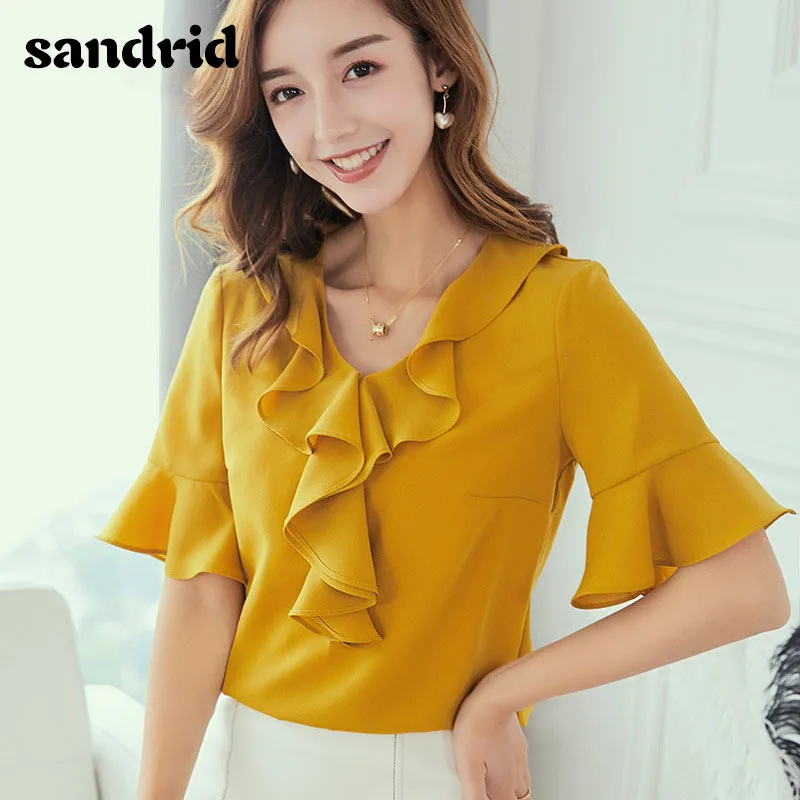 Женская шифоновая блузка sandrid однотонная белая с оборками и рукавами бабочками