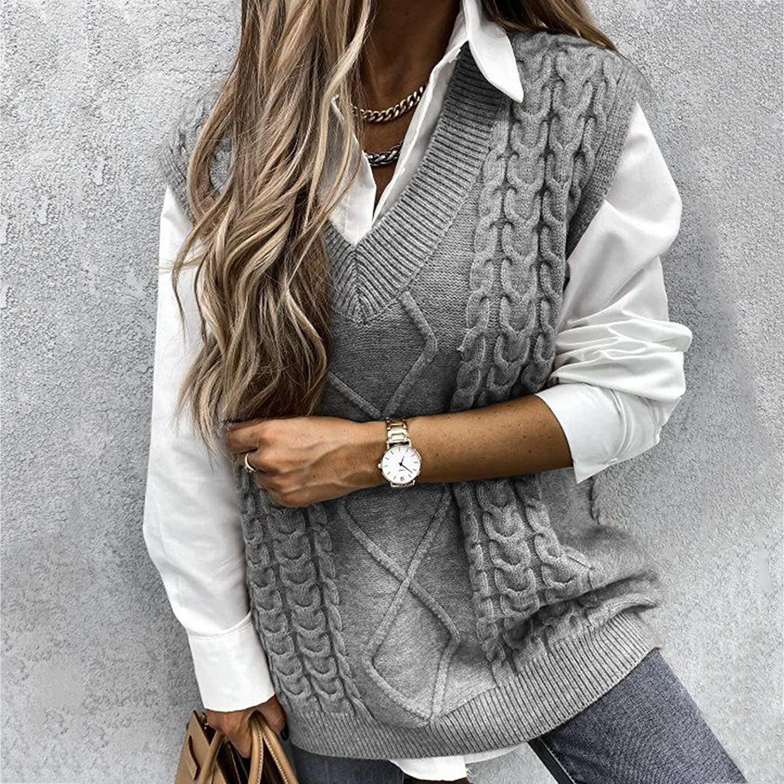 

Elegant Top Sleeveless V-neck Knitted Vest Women's Sweater Autumn Winter New Korean Loose Wild Sweater Vest Solid Traf Sweaters