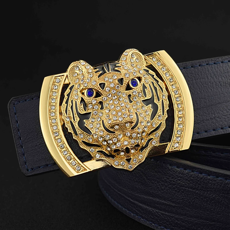 Blue Tiger Buckle Belt Men's Fancy Retro Fashion Leather Belt Sliding Buckle Belt Luxury Genuine Leather High Quality
