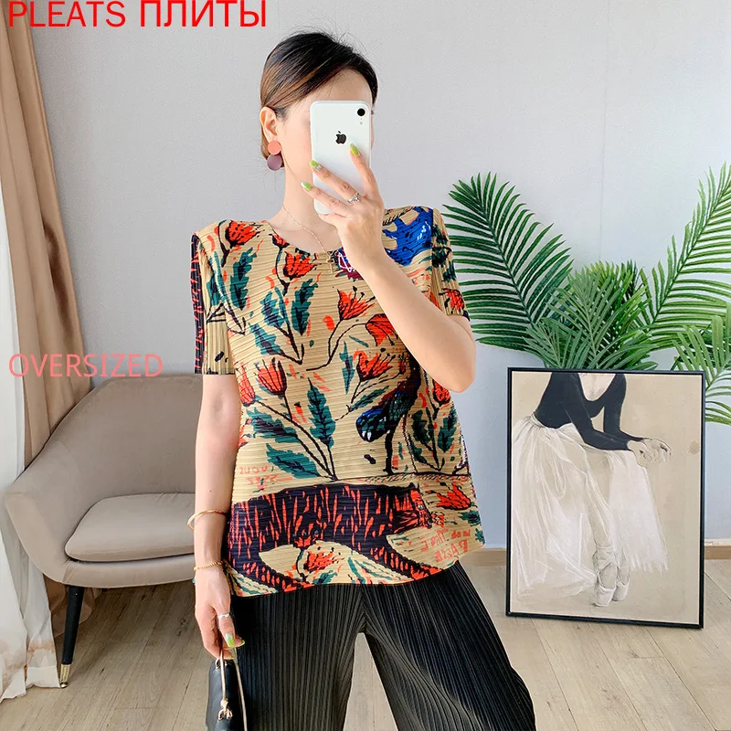 

Miyake Fold летняя футболка с короткими рукавами женская новая желтая футболка больших размеров с короткими складками Roupas Femininas укороченный топ ...