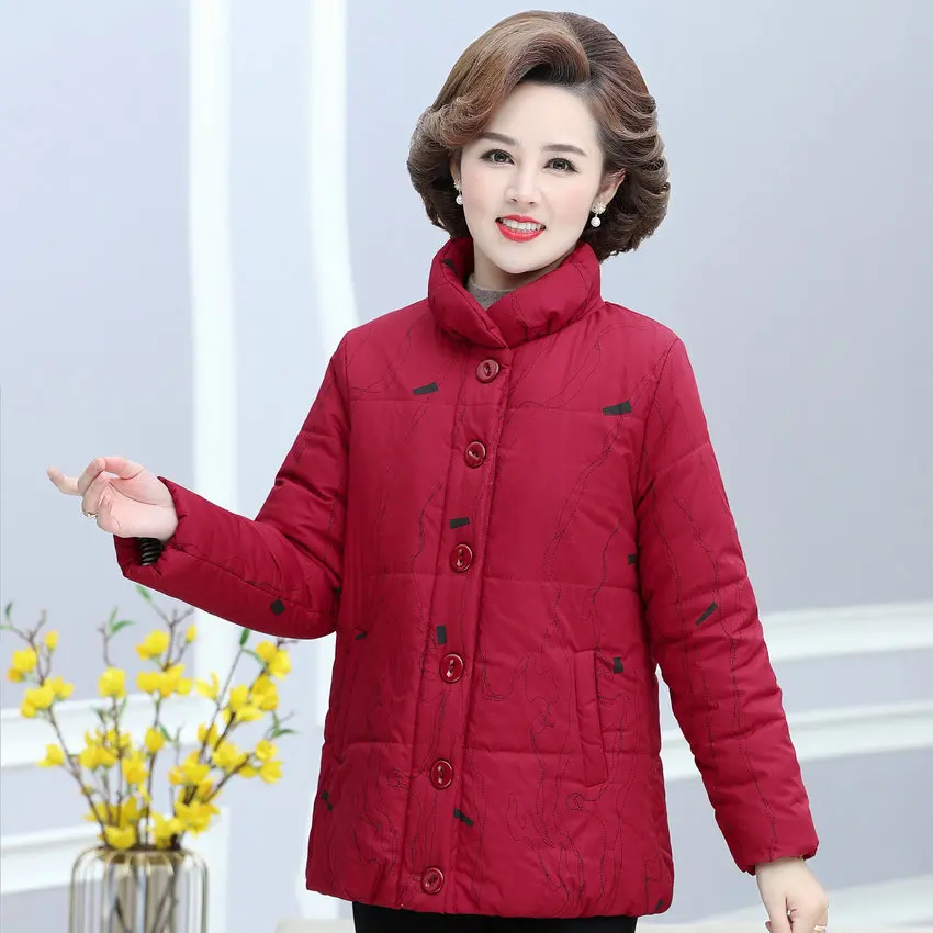 

Winter Puffer Parkas Middle Aged Women Red Blue Printing Thick Warm Puff Jacket Mature Lady Stand Collat Quilted Basic Coat 5xl