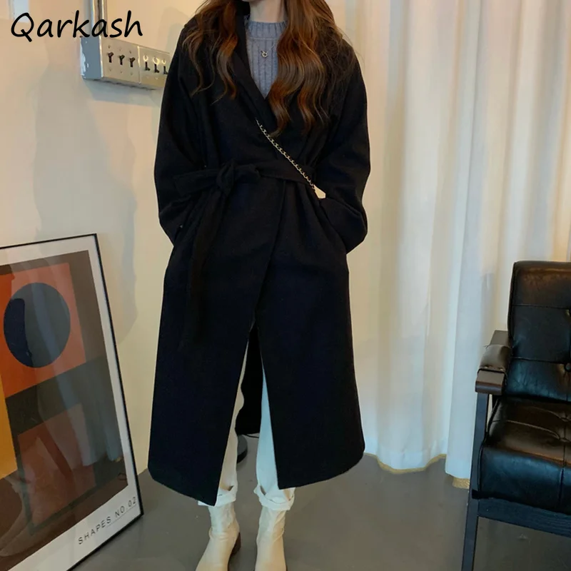Женское черное шерстяное пальто с капюшоном Ulzzang Chic теплая Повседневная