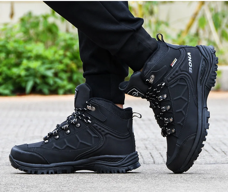 BONA New Leather Hiking Shoes Men Autumn Winter Climbing Boots High Top Trekking Hunting Shoe Trainers Black Waterproof Sports