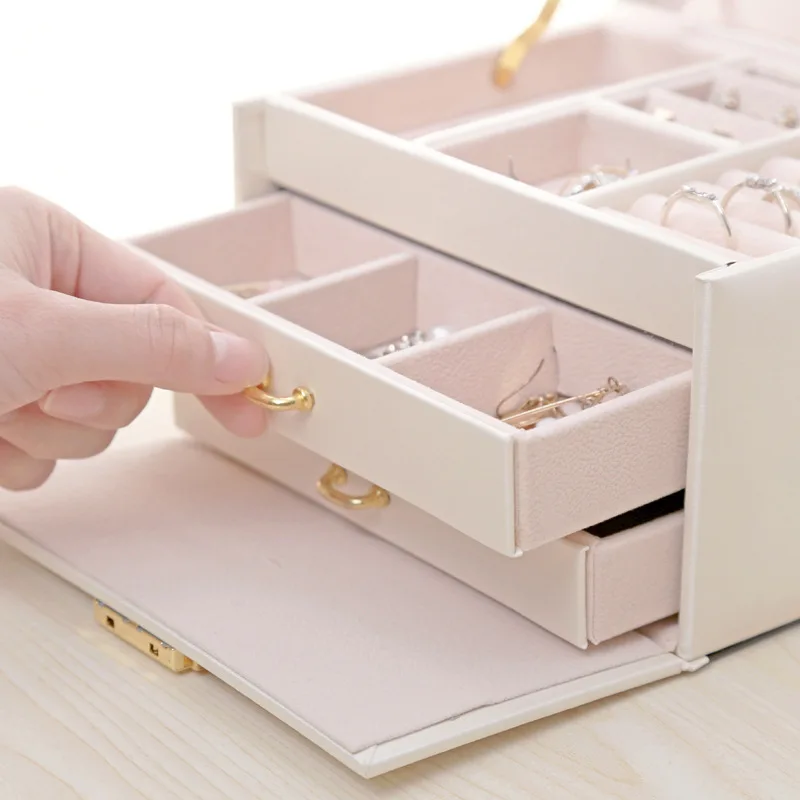 PU Leather Multi layer Jewelry Box Drawer Girls Earrings Necklace With Mirror Lock Storage Organizer Case Accessories Supplies|Органайзеры