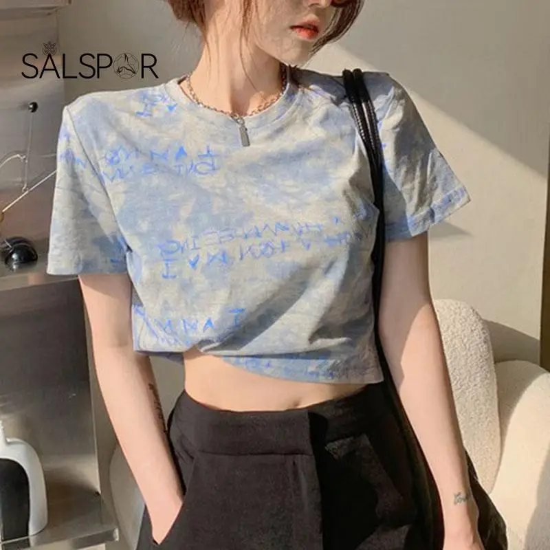 

SALSPOR футболка с коротким рукавом с принтом, женский свободный кроп-топ с высокой талией, укороченная футболка, спортивный топ с принтом, летн...