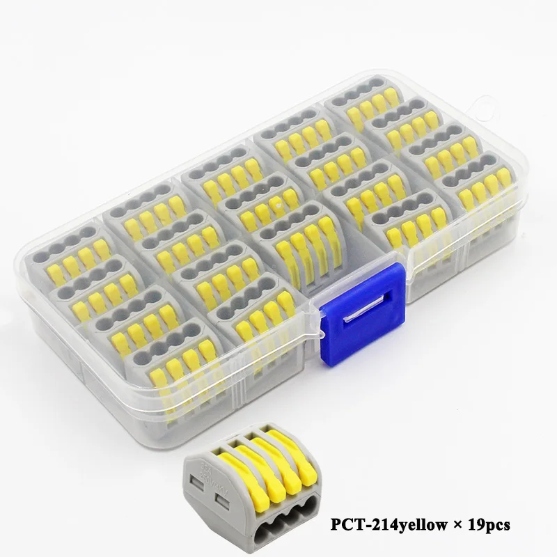 PCT-214YL 19pcs box Провод СОЕДИНИТЕЛЬ НАБОР коробка Универсальный компактный клеммный блок освещение провода разъем для 3 комнаты Гибридный быстрый разъем - Цвет: PCT-214YL 19pcs box